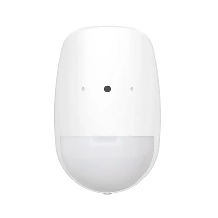 White Hikvision AX Hybrid Pro dual-function wired indoor detector combining a 12m PIR motion sensor and an 8m acoustic glass break sensor with 30kg pet immunity.