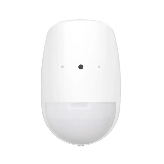 White Hikvision AX Hybrid Pro dual-function wired indoor detector combining a 12m PIR motion sensor and an 8m acoustic glass break sensor with 30kg pet immunity.