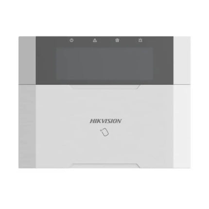 Wall-mounted white Hikvision alarm system control panel featuring a backlit LCD screen and integrated proximity tag reader.