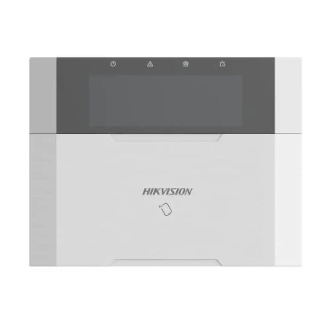 Wall-mounted white Hikvision alarm system control panel featuring a backlit LCD screen and integrated proximity tag reader.