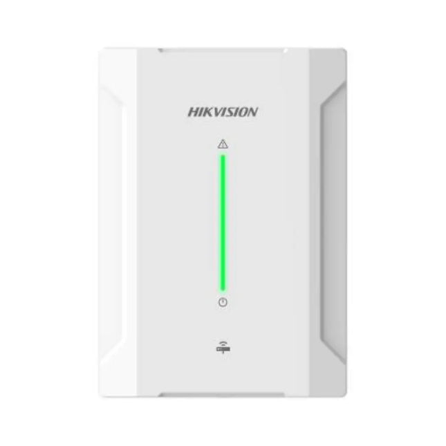 Hikvision DS-PM1-RT-HWB AX Hybrid PRO Tri-X wireless expansion receiver module in white casing for hardwired alarm systems.