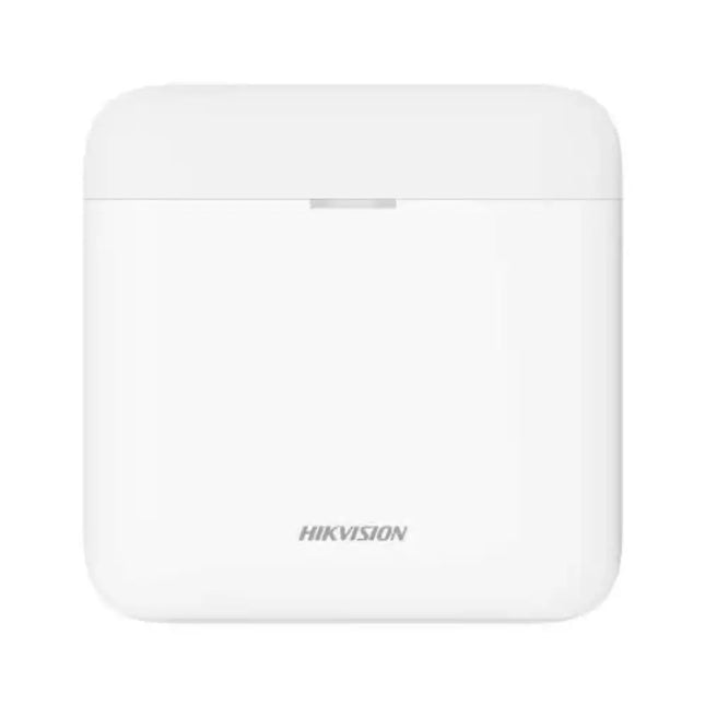 Hikvision DS-PR1-WB AX Pro wireless repeater in sleek white housing, designed to extend the signal range of wireless alarm systems.
