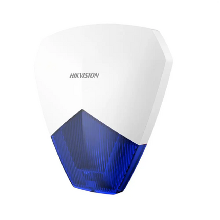 Front view of the white and blue Hikvision DS-PS1-B wired wall-mounted outdoor security siren showing its slim 33mm depth layout.
