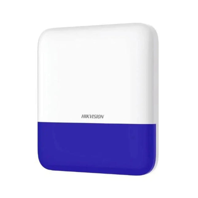 Front view of the white wall-mounted Hikvision DS-PS1-E-WB wireless outdoor security sounder featuring its integrated blue strobe light cover.
