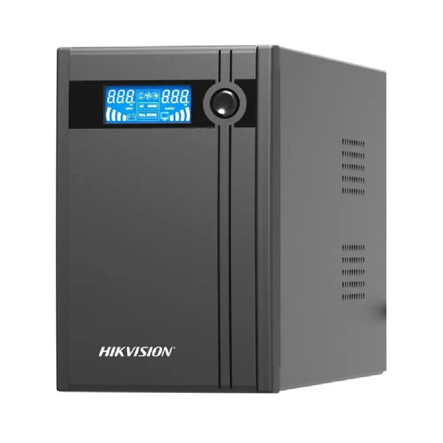 Hikvision DS-UPS2000 2000VA 1200W line-interactive tower UPS (DS-UPS2000-AU) front perspective view showing the built-in diagnostic LCD screen.