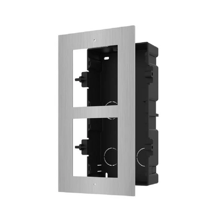 Front view of the premium Hikvision DS-KD-ACF2-S aviation aluminum and stainless steel flush mount outer housing.