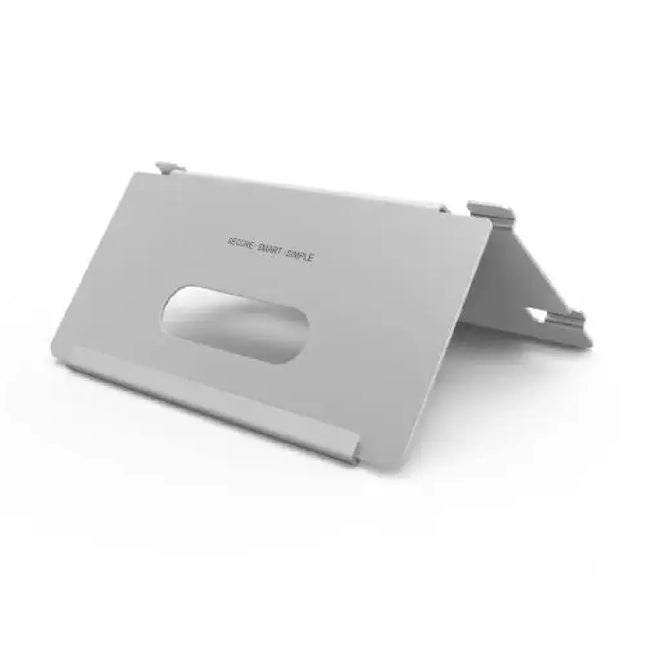 Side view of the silver Hikvision DS-KABH6320-T desk bracket with cable routing hole for video entry screens.