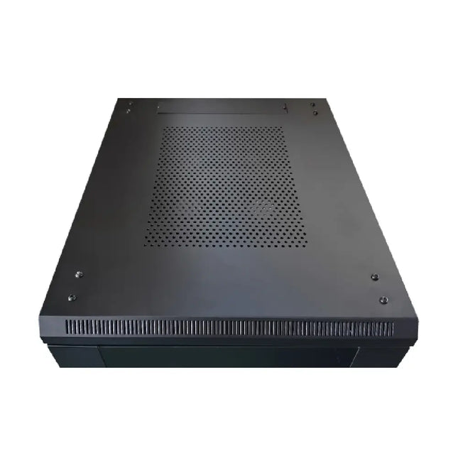 Front angle view of a lockable LDR 18U black metal data enclosure with smoked glass door for IT and security systems.
