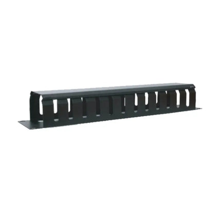 LDR 1U 19-inch black server rack cable management rail featuring a 24-slot plastic finger duct system with removable front cover