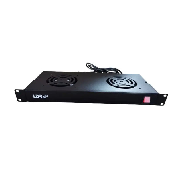 LDR 19-inch 1U rackmount dual cooling fan kit with front power switch and black metal housing.