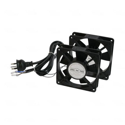 LDR 2-way data rack cooling fan kit housed in a black metal frame with an integrated red rocker power switch
