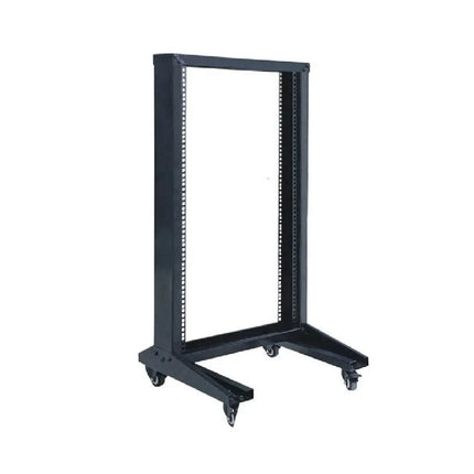 LDR 22U 2-post open frame server rack in black metal, flat packed for assembly.