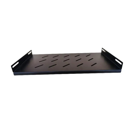 LDR 2U black metal cantilever server rack shelf showing a 452mm deep slotted ventilation surface and 19-inch side mounting ears