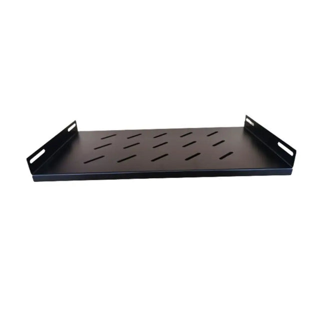 LDR 2U black metal cantilever server rack shelf showing a 452mm deep slotted ventilation surface and 19-inch side mounting ears