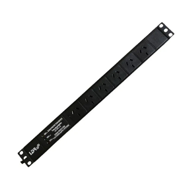 LDR 6-port 10A horizontal mount server rack PDU showing six Australian 3-pin outlets and integrated master power switch