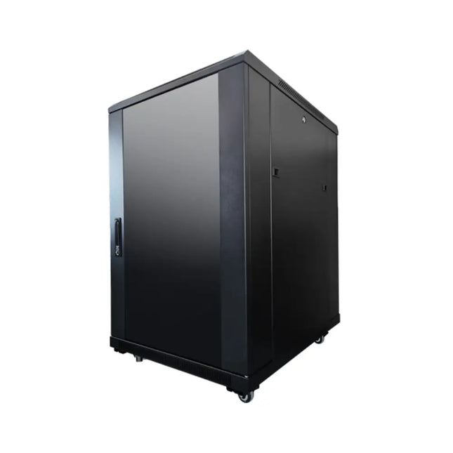Fully assembled LDR 18U server rack cabinet in black metal with a tempered glass front door.