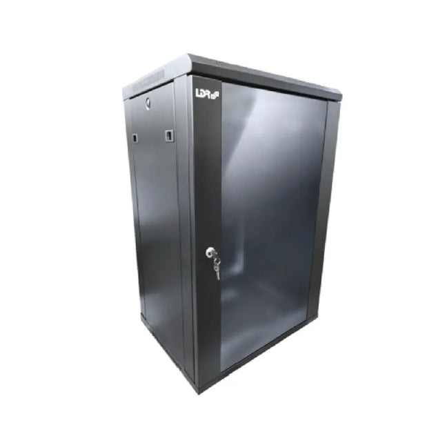 LDR fully assembled 18U single section wall mount data cabinet featuring a 5mm smoked tempered glass front door and heavy-duty 60kg load frame.
