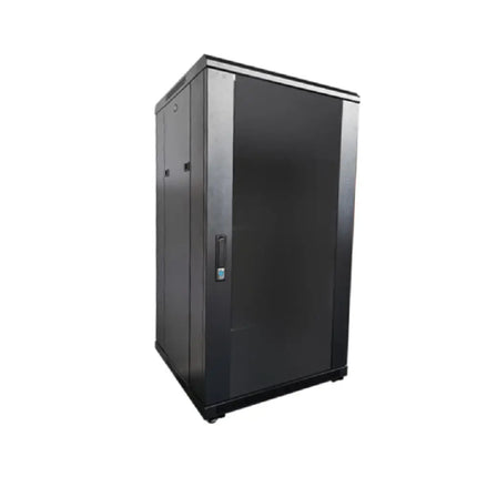 Pre-assembled LDR 22U server rack cabinet in black metal featuring a tempered glass front door.