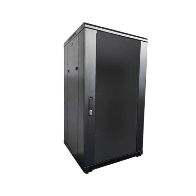 Pre-assembled LDR 22U server rack cabinet in black metal featuring a tempered glass front door.