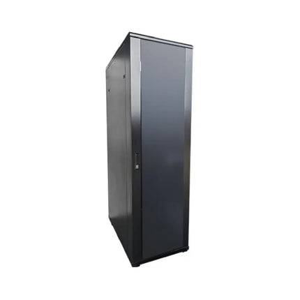Fully assembled LDR 42U black metal server rack cabinet featuring a sleek smoke-grey glass front door with integrated locks