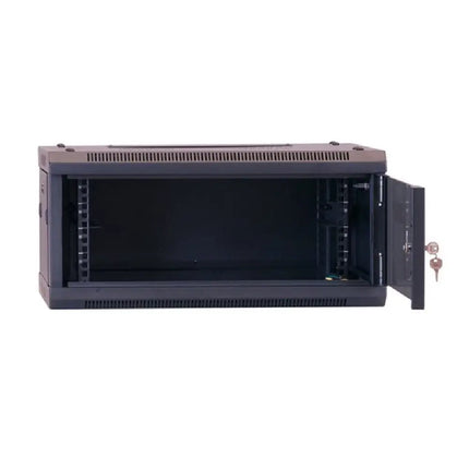 LDR fully assembled 4U hinged swing-out wall mount server cabinet featuring a tempered glass front door and black metal frame.