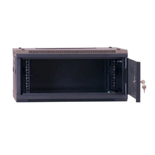 LDR fully assembled 4U hinged swing-out wall mount server cabinet featuring a tempered glass front door and black metal frame.