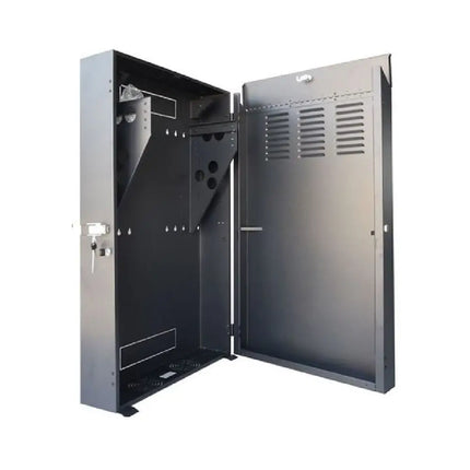 LDR fully assembled 5U low-profile flush vertical wall mount equipment cabinet in a solid black metal construction.