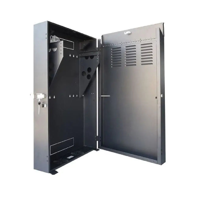 LDR fully assembled 5U low-profile flush vertical wall mount equipment cabinet in a solid black metal construction.