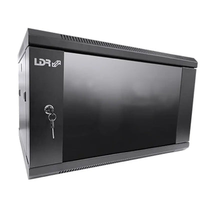 LDR fully assembled 6U wall mount equipment rack featuring a lockable 5mm smoked tempered glass front door and black steel frame.  