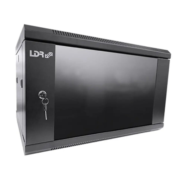 LDR fully assembled 6U wall mount equipment rack featuring a lockable 5mm smoked tempered glass front door and black steel frame.  