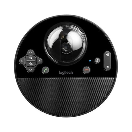 Logitech BCC950 ConferenceCam featuring its distinct black spherical camera head, tall extender stem, and built-in speakerphone base with manual control buttons.  