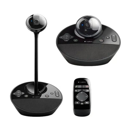 All-in-one Logitech BCC950 desktop video conferencing system with a 1080p motorized camera, height-extending rod, and a full-duplex speakerphone base on a desk.  