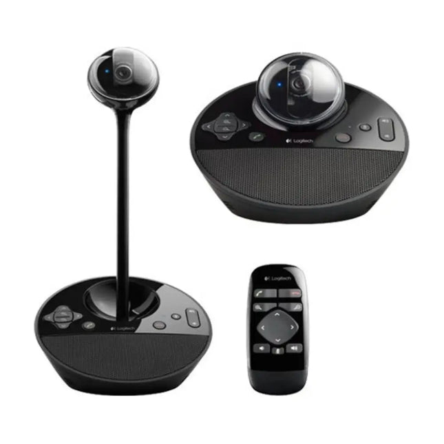 All-in-one Logitech BCC950 desktop video conferencing system with a 1080p motorized camera, height-extending rod, and a full-duplex speakerphone base on a desk.  