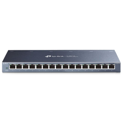 Front view of TP-Link TL-SG116 16-Port Gigabit Unmanaged Switch showing status LEDs and ports.