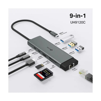 Port diagram of TP-Link UH9120C showing 4K 60Hz HDMI, 1Gbps RJ45 Ethernet, 100W Power Delivery, SD and microSD card slots, and USB-A and USB-C 5Gbps ports