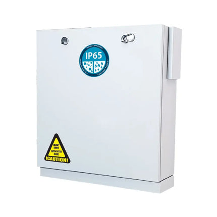 Weatherproof PA-WMCAB-W outdoor security cabinet with vertical 2U equipment shelf and white powder coat finish.