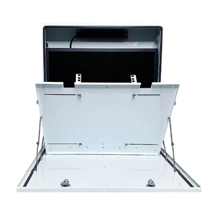 Heavy-duty mild steel outdoor CCTV enclosure with dual locks and integrated temperature-controlled low-noise cooling fan.