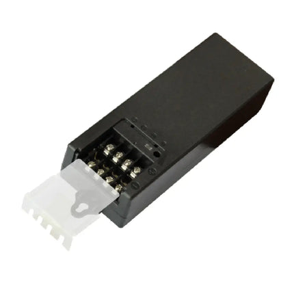 Close-up of Patriot M-DC12-5A 4-channel power pack featuring adjustable voltage output and DIN rail mounting brackets.  