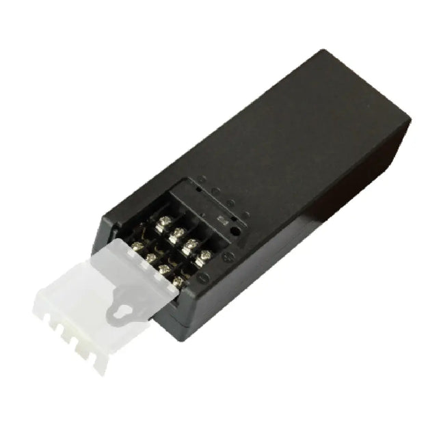 Close-up of Patriot M-DC12-5A 4-channel power pack featuring adjustable voltage output and DIN rail mounting brackets.  