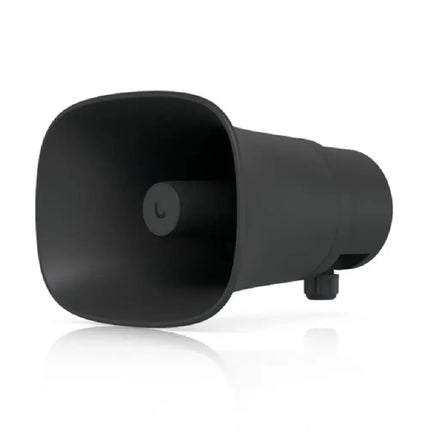 Ubiquiti UP-AI-Horn-Speaker mounted with articulating bracket for flexible pole and wall installations.