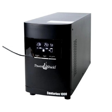 PowerShield Centurion 1000VA 900W True Online Double Conversion Tower UPS (PSCE1000) front view highlighting the backlit LCD status screen.