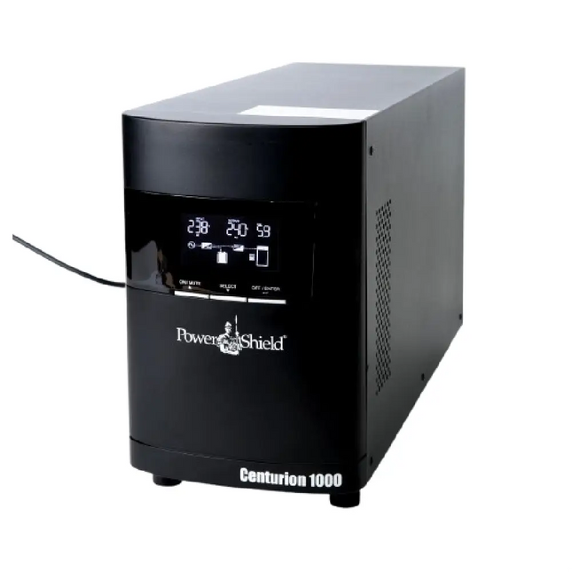 PowerShield Centurion 1000VA 900W True Online Double Conversion Tower UPS (PSCE1000) front view highlighting the backlit LCD status screen.