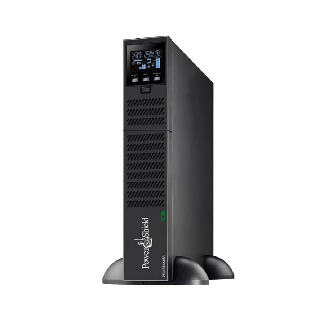 PowerShield Centurion RT 2000VA 1800W Short Base True Online Double Conversion UPS (PSCERT2000SB) front view showing the rotatable LCD display.