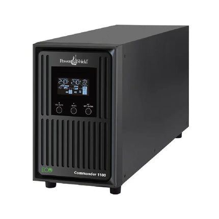 PowerShield Commander 2000VA 1800W line-interactive pure sine wave tower UPS (PSCM2000) front perspective view showing the LCD interface screen.