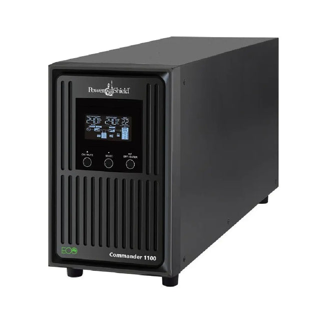 PowerShield Commander 2000VA 1800W line-interactive pure sine wave tower UPS (PSCM2000) front perspective view showing the LCD interface screen.