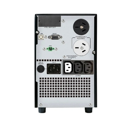 PowerShield Commander 2000VA tower UPS unit highlighting the front power button and digital status display panel.