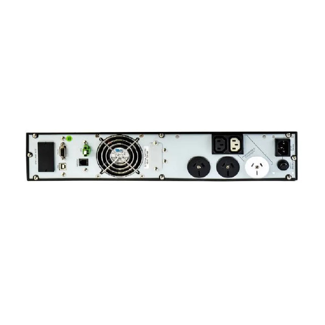 PowerShield Commander RT 1100VA rackmount UPS showing the front LCD display screen highlighting voltage stabilization and status metrics.