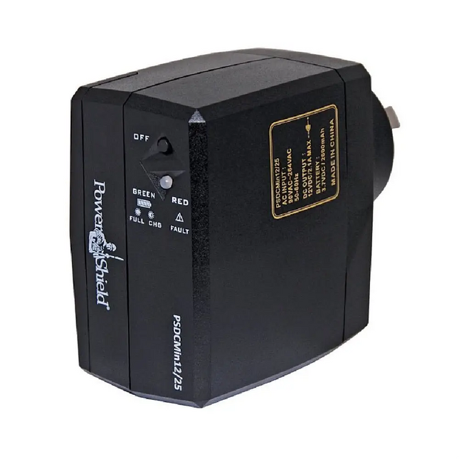 PowerShield DC Mini 12V DC 18W inline plug pack UPS (PSDCMIN12-18) front view showing its compact wall-adapter design.