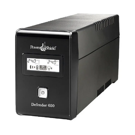 PowerShield Defender 650VA 390W line-interactive tower UPS (PSD650) front view highlighting the backlit LCD diagnostic display panel.