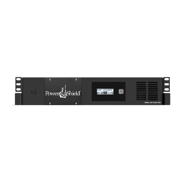 PowerShield Defender Rackmount 800VA 480W line-interactive UPS (PSDR800) front horizontal view showing the central LCD status screen.